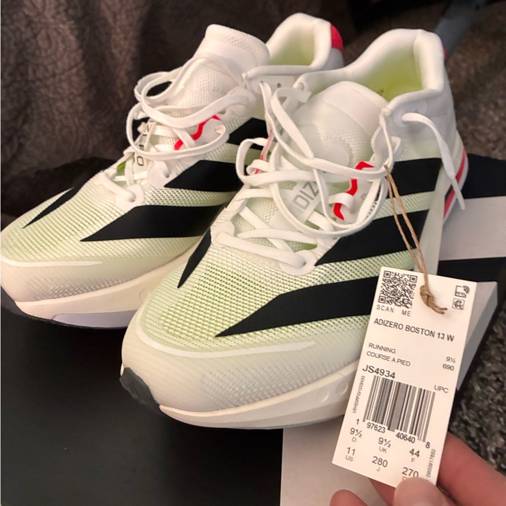 Adidas Adizero Boston 13 in White and Black with Red Highlights